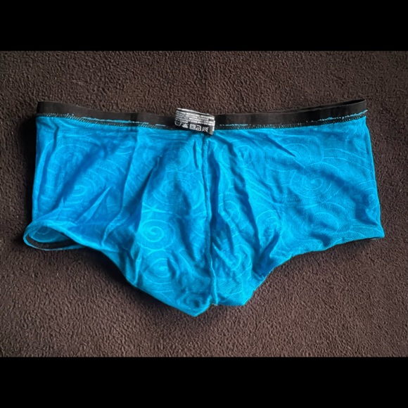 Male Power Men’s Square Cut Blue Sheer Pattern Print w/Black Trim Rare! Sexy! - Picture 5 of 6